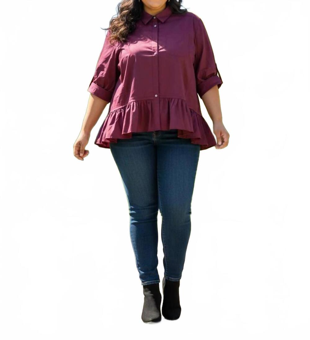 NEW ENTRO women's collared button top - plus in merlot